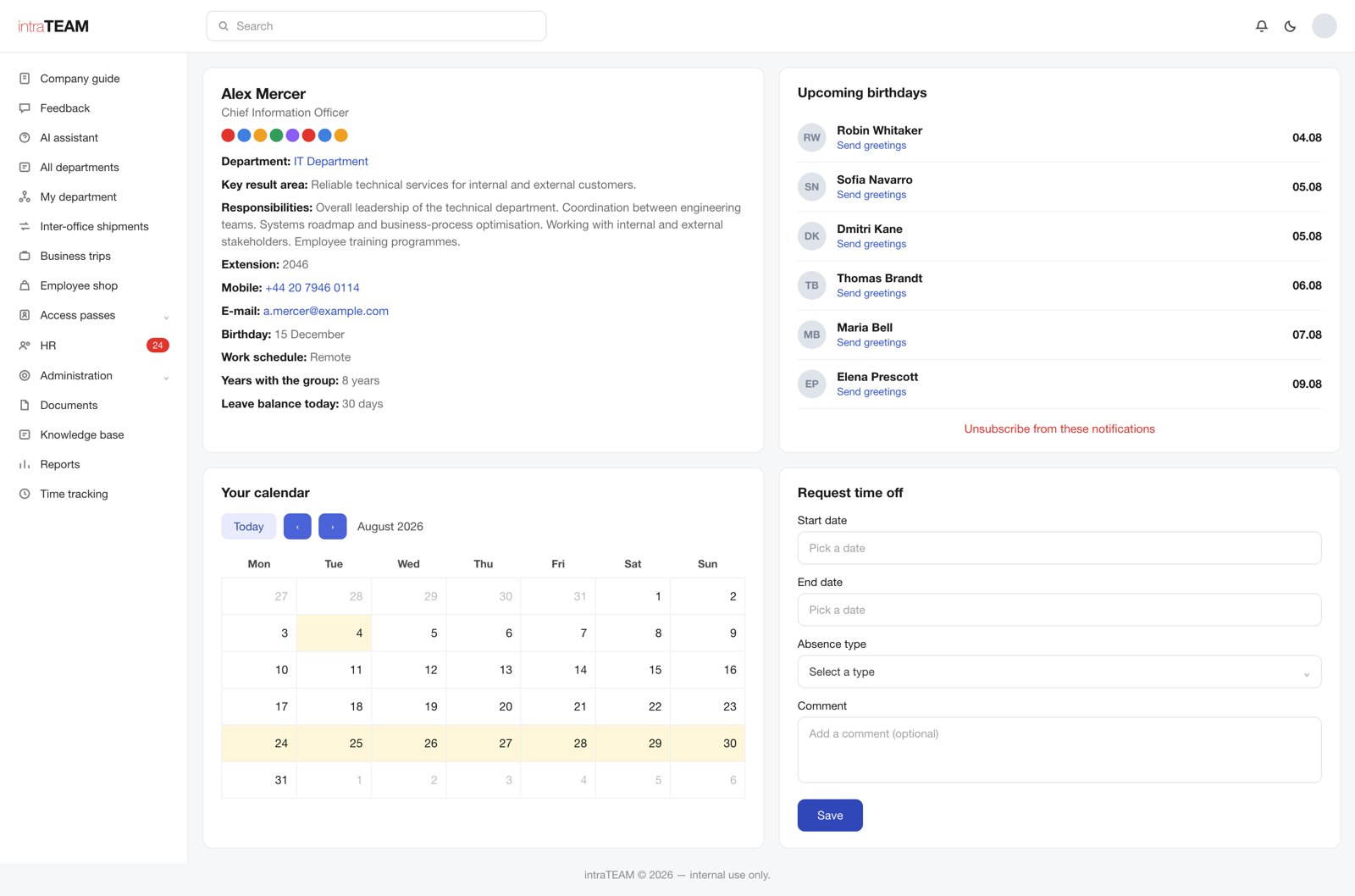 Employee home screen: profile card, upcoming birthdays, personal calendar and a time-off request form